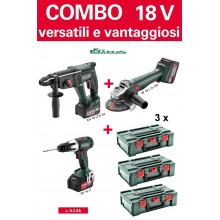 COMBO METABO 3 x 5,2 Ah 18V (TRAPANO / AVVITATORE + MARTELLO PERFORATORE COMBINATO + SMERIGLIATRICE)   